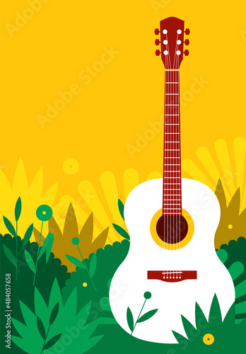 Acoustic guitar and plants, nature, green grass. Summer camping concept. Vibrant colorful background with bushes, herbs, music instrument. Copy space for title. Backdrop for banner, poster, card.