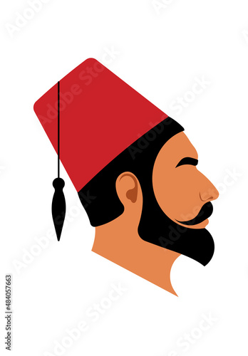 Turkish man in Fez hat. Mature bearded man in traditional red cap. Ottoman culture. Male minimalist portrait, side view, emblem, symbol. Vector illustration for report, design, shop sign.