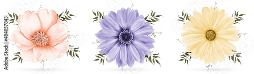  Set of flower bouquet watercolor isolated on white background