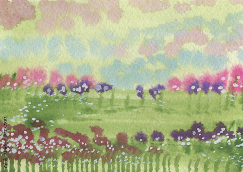Watercolor provence Background. Tropical landscape. Green, pink and violet Background