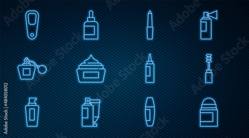 Set line Antiperspirant deodorant roll, Mascara brush, Nail file, Cream lotion cosmetic tube, Perfume, Pumice for feet, and icon. Vector