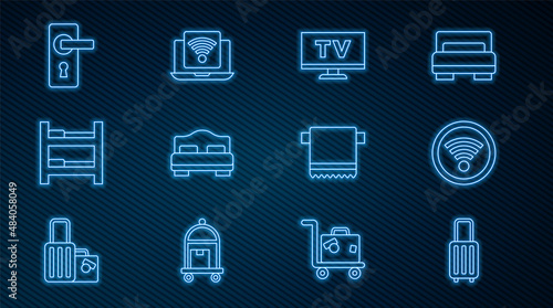 Set line Suitcase, Wi-Fi wireless, Smart Tv, Hotel room bed, Door handle, Towel on hanger and Wireless laptop icon. Vector