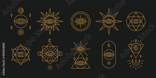 set of tarot symbols illustrated in golden brown outline on dark background. occult objects illustration for tattoo and astrological decoration.