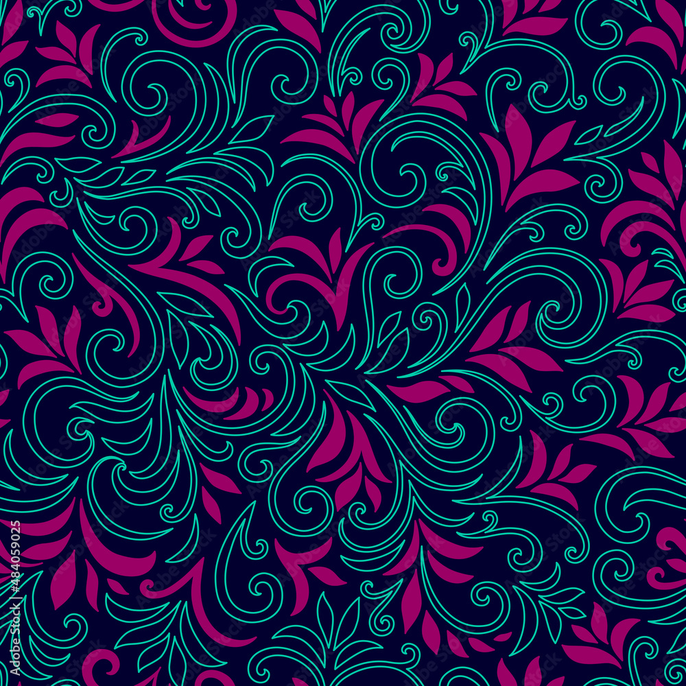 Elegant seamless pattern with leaves and curls. Luxury floral background. Vector illustration. Elegant seamless pattern with leaves and curls. Luxury floral background. Vector illustration.