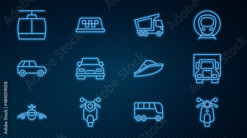 Set line Scooter, Delivery cargo truck, Car, Cable, Speedboat and Taxi roof icon. Vector