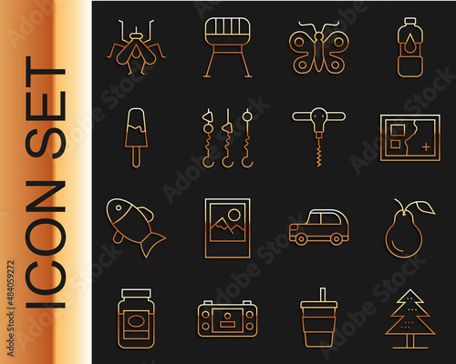 Set line Tree, Pear, Folded map, Butterfly, Grilled shish kebab on skewer, Ice cream, Mosquito and Wine corkscrew icon. Vector