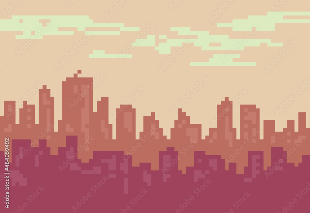 Illustration of cityscape with sunset colors in pixel art style