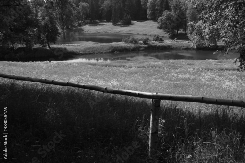 old fence against the background of the river and the forest on a sunny day