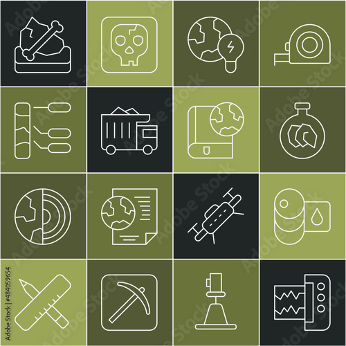 Set line Seismograph, Barrel oil, Exhibition with minerals, rocks, Global planet bulb, Mining dump truck, Soil analysis, Archeology and Earth globe and book icon. Vector