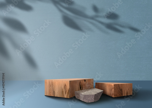 Fototapeta Naklejka Na Ścianę i Meble -  Wooden exhibition podium. Group Wood and stone pedestals. Blue Cosmetic showcase. 3D Background. Branch shadow with Leaves. Stand with Wood texture. Tropical Leave. Cosmetic display product. 3D render