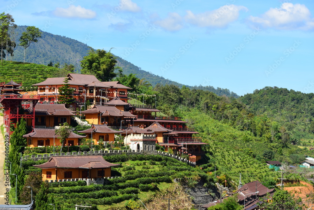 Village view in the forest area and fresh green mountains. There is nature in Thailand.