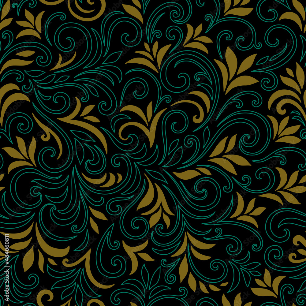 Elegant seamless pattern with leaves and curls. Luxury floral background. Vector illustration. Elegant seamless pattern with leaves and curls. Luxury floral background. Vector illustration.