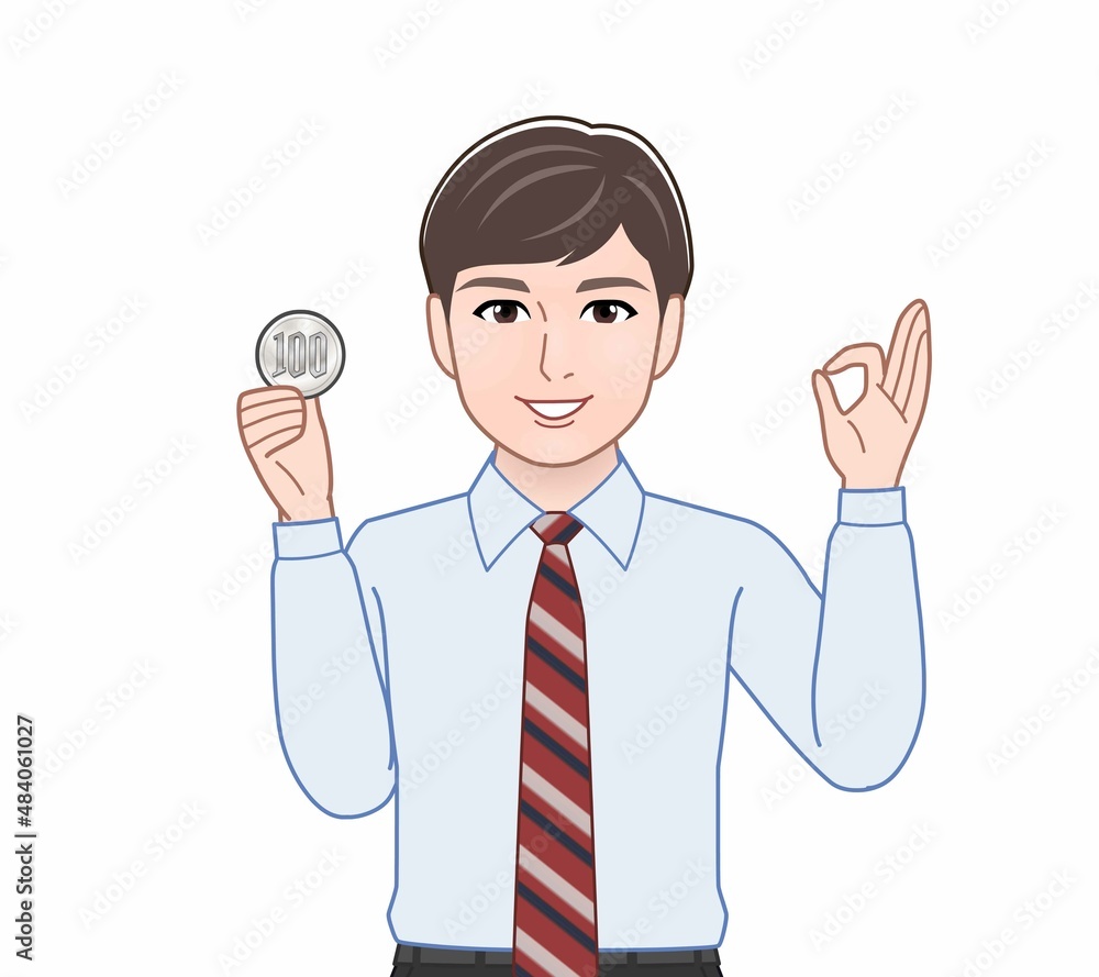 500円玉をもつ男性 500円玉をもつ男性