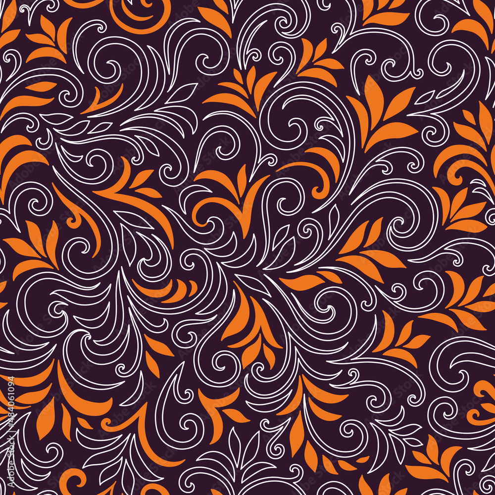 Elegant seamless pattern with leaves and curls. Luxury floral background. Vector illustration. Elegant seamless pattern with leaves and curls. Luxury floral background. Vector illustration.