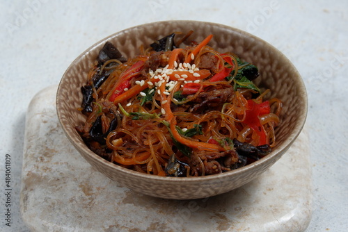 Korean authentic cuisine, Japchae or glass noodles stir fried with vegetables