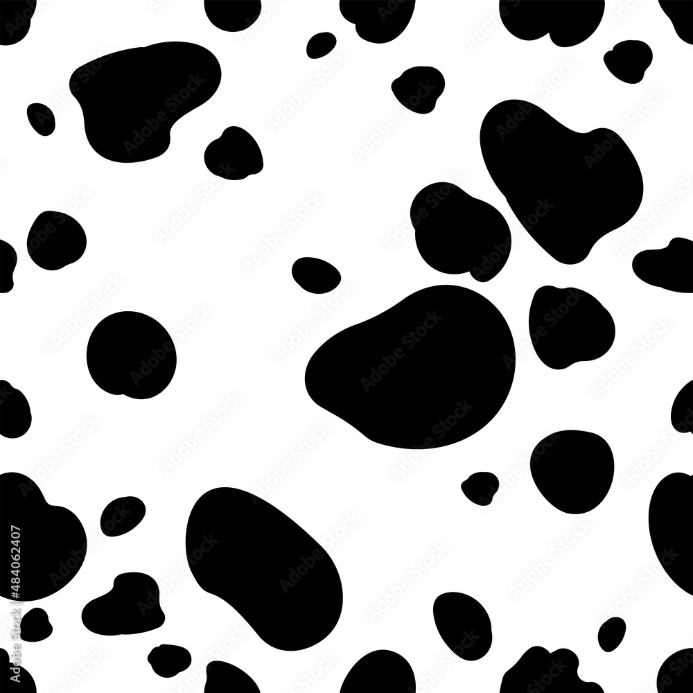 Dalmatian fur texture. Vector illustration. Seamless pattern. Different irregular black dots on white background Dalmatian fur texture. Vector illustration. Seamless pattern. Different irregular black dots on white background