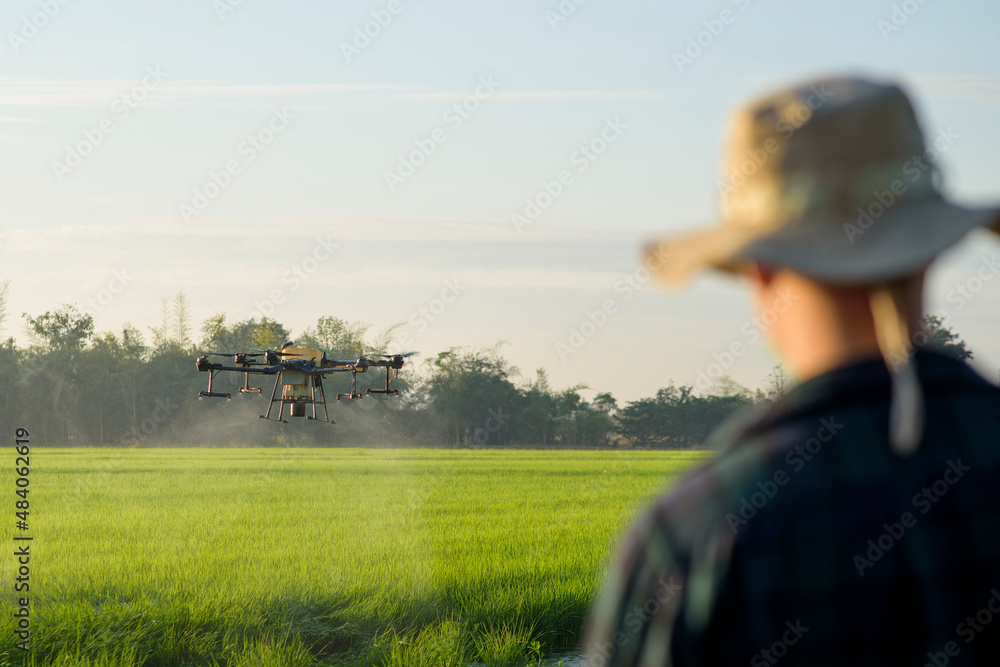 Young smart farmer controlling drone spraying fertilizer and pesticide over farmland,High technology innovations and smart farming Young smart farmer controlling drone spraying fertilizer and pesticide over farmland,High technology innovations and smart farming