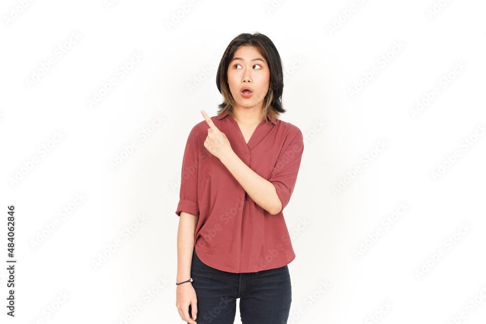 Showing and Pointing Product With Forefinger Of Beautiful Asian Woman Isolated On White Background Showing and Pointing Product With Forefinger Of Beautiful Asian Woman Isolated On White Background
