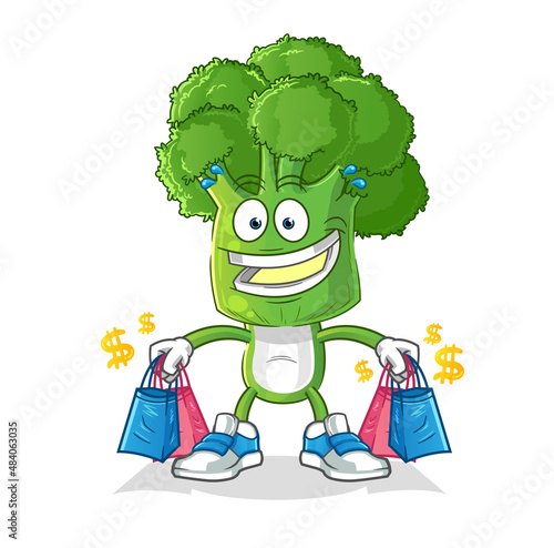 broccoli head cartoon shoping mascot. cartoon vector