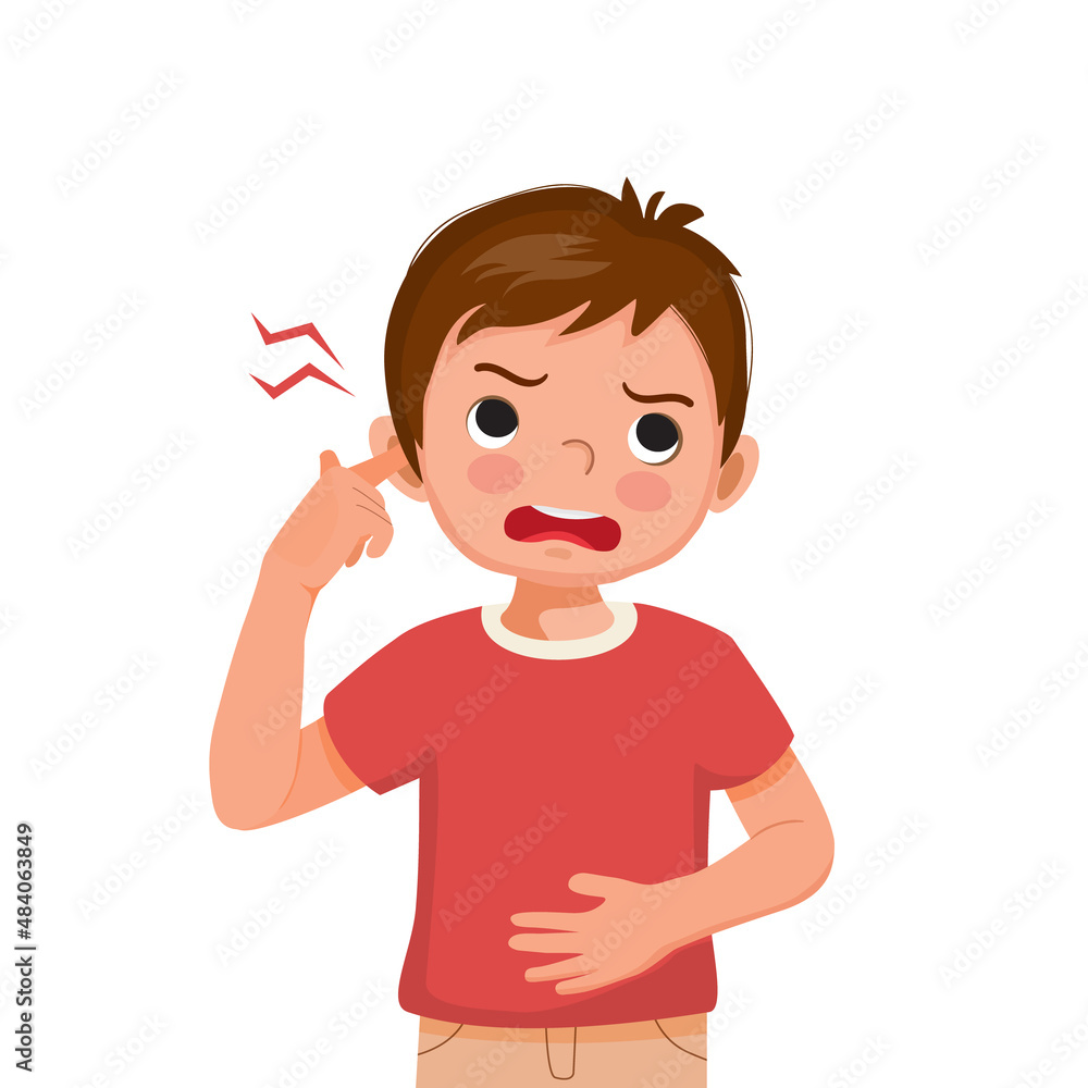 little boy has earache touching his ear with finger because of infection, inflammation, feeling painful inside little boy has earache touching his ear with finger because of infection, inflammation, feeling painful inside