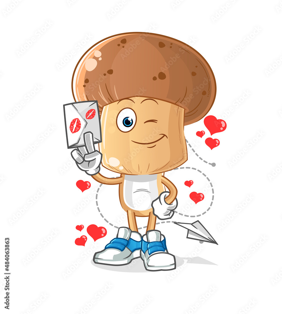 mushroom head cartoon hold love letter illustration. character vector