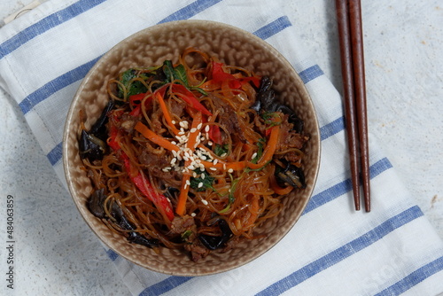 Korean authentic cuisine, Japchae or glass noodles stir fried with vegetables