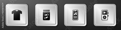 Set T-shirt, Evidence bag with bullet, Music player and icon. Silver square button. Vector
