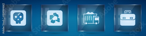 Set Archeology, Gold nugget, Mining dump truck and Briefcase. Square glass panels. Vector