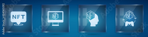 Set NFT Digital crypto art, Monitor with store app, and . Square glass panels. Vector