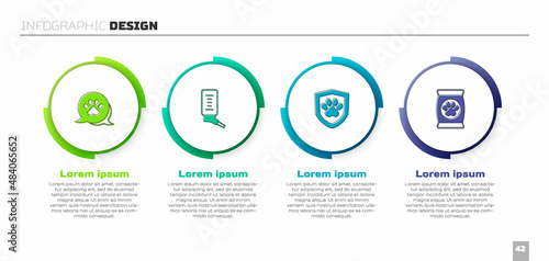 Set Paw print, Drinker for small pets, Animal health insurance and Bag of food. Business infographic template. Vector