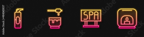 Set line Spa salon signboard, Spray can for hairspray, Honey dipper stick and bowl and Aroma lamp. Glowing neon icon. Vector