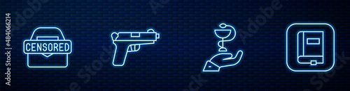 Set line Caduceus snake medical, Censored stamp, Pistol gun and Law book. Glowing neon icon on brick wall. Vector