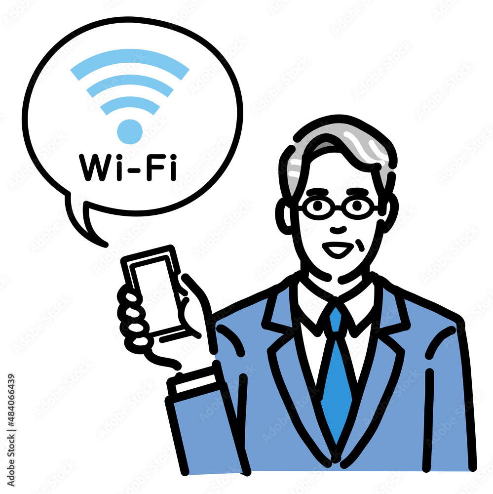 スマートフォンを持ってWi-Fiの説明をしているスーツを着たメガネをかけた中年男性
スマートフォンを持ってWi-Fiの説明をしているスーツを着たメガネをかけた中年男性