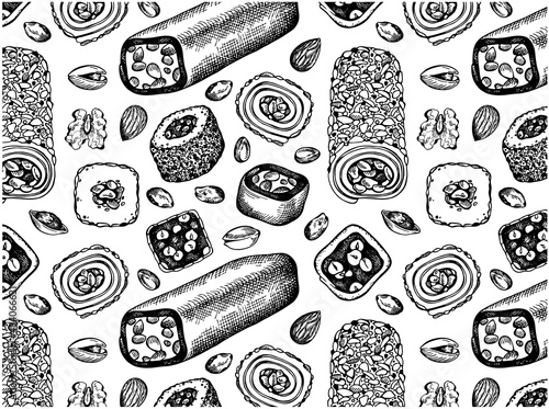 Sketch drawn pattern of Turkish delight on white background. Engraved oriental sweets wallpaper. Lokum, drawing Ramadan desserts. Hazelnut, chocolate marmalade, almond, pistachio. Vector illustration.
