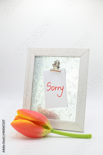 Handmade wooden frame with note "Sorry" attached Keywords*Required : 19/50 KeywordsHide tag suggestion  pink flowergiftdecorationcardbackgroundmessagelovetextgreetingcharacterpapertableframespa to it.