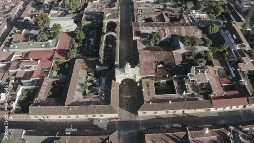 top view of Santa Catalina Arch in Antigua Guatemala - aerial shot of Antigua Guatemala photo