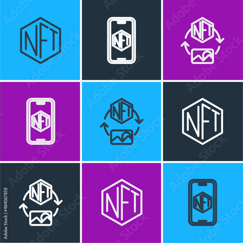 Set line NFT Digital crypto art, and Mobile with store app icon. Vector