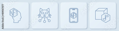 Set line NFT Digital crypto art, Mobile with store app, and . White square button. Vector