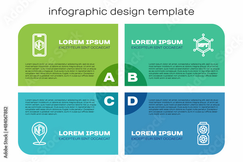 Set line NFT Digital crypto art, Mobile with store app, Video graphic card and blockchain technology. Business infographic template. Vector