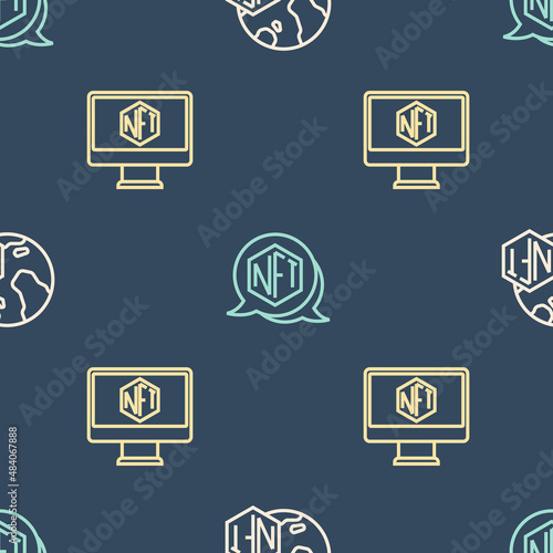 Set line NFT Digital crypto art, Monitor with store app and on seamless pattern. Vector