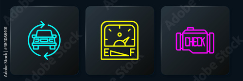 Set line Car service, Check engine and Motor gas gauge. Black square button. Vector