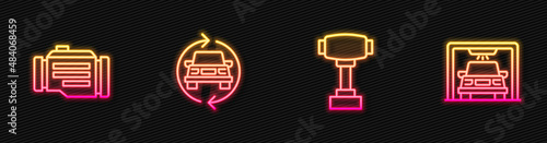 Set line Gear shifter, Check engine, Car service and wash. Glowing neon icon. Vector