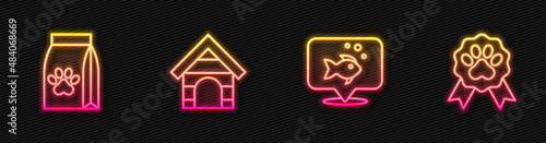Set line Fish, Bag of food for pet, Dog house and Pet award symbol. Glowing neon icon. Vector