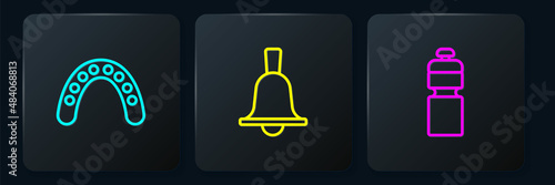Set line Mouth guard boxer, Fitness shaker and Boxing bell. Black square button. Vector