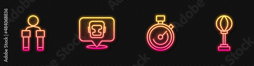 Set line Stopwatch, Jump rope, Boxing helmet and Punching bag. Glowing neon icon. Vector