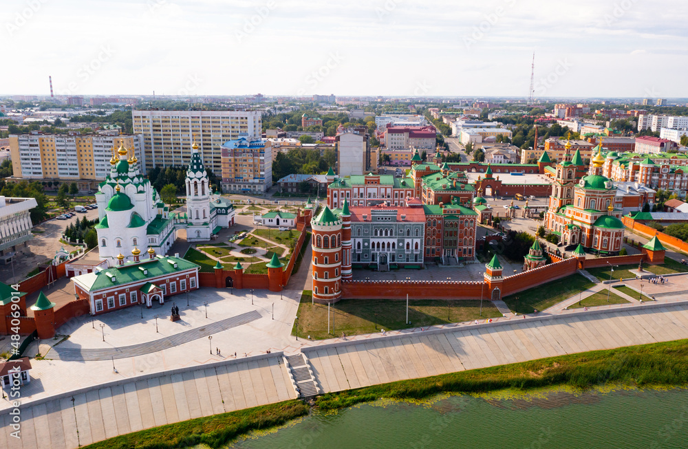 Picturesque city landscape of tourist center of Yoshkar-Ola city with Kremlin, Church of Holy Trinity and Cathedral of Resurrection of Christ