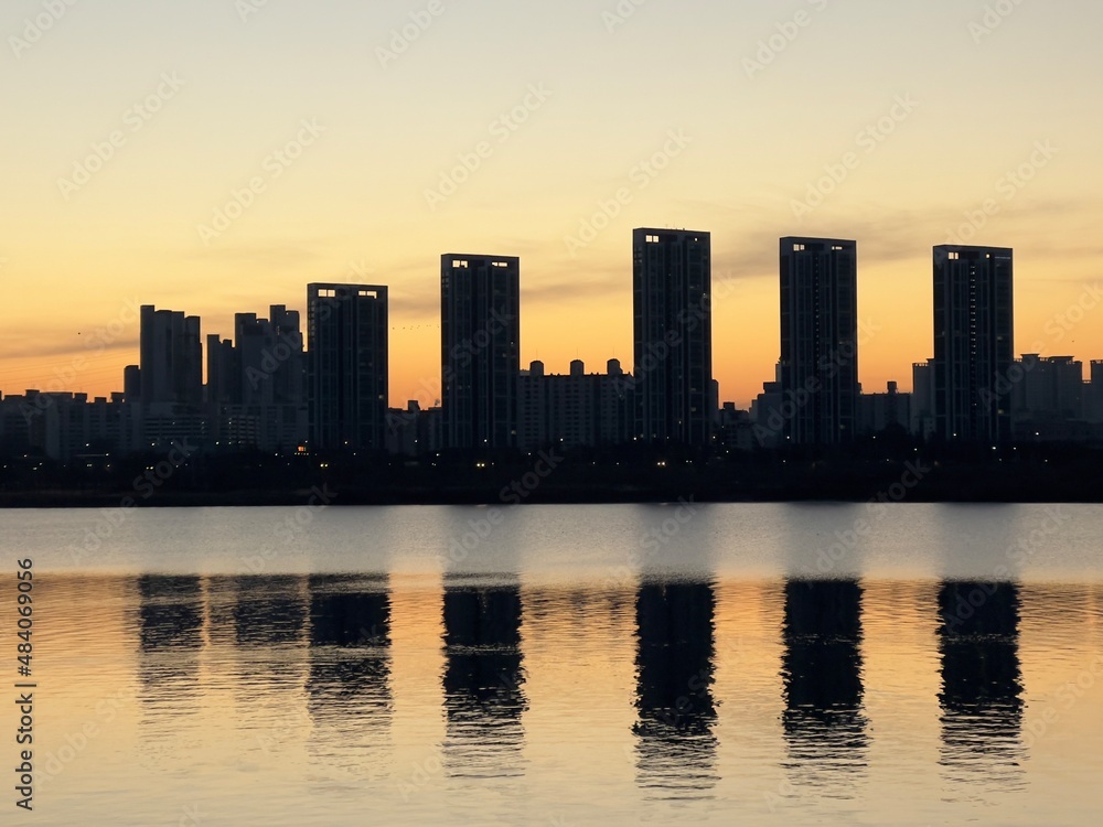 sunrise over the city, seoul, korea
