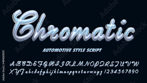 Chromatic; an automotive style script with chrome effects. This type of alphabet is similar to to vintage logo placards on cars from the 1950s through 1970s.