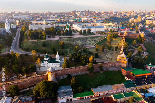 Panoramic view of Nizhny Novgorod Kremlin and city center in summer, Russia