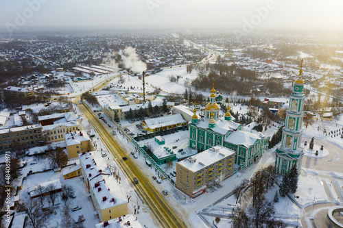 Top view of the Spaso-Preobrazhensky Cathedral on the square in the city center and residential areas of Tambov ..in winter, Russia..
